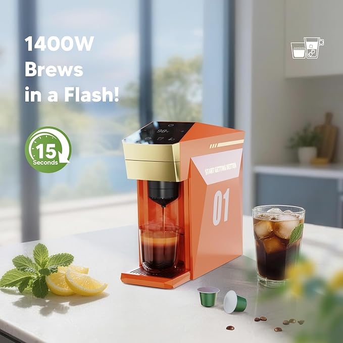 BENFUCHEN 4 in1 Single Serve Coffee Maker 19 Bar Espresso Coffee Machine For KCup/Nespre sso OriginalLine Capsules/Ground Coffee Single Cup Coffee Brewer 1400W Fast Brew in 1 Minute Vibrant Orange