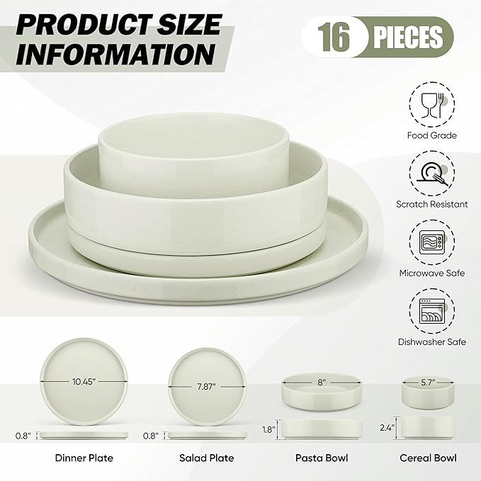 Vesteel 16 Pieces Dinnerware Sets Premium Stoneware Dishes Set for 4 Speckled Plates and Bowls Set for Home Restaurant Microwave and Dishwasher Safe - Off-white