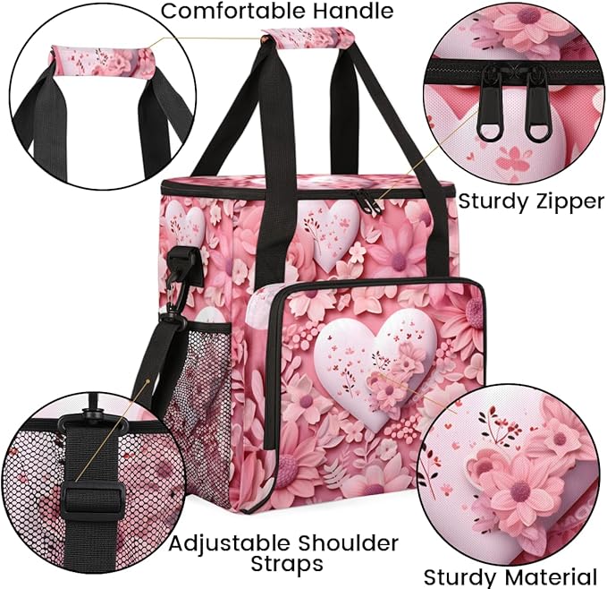 Heart Pink Flowers Coffee Maker Carrying Bag Portable Travel Storage Tote Bag Compatible with K-Mini or K-Mini Plus Single Serve Coffee Brewer Carrying Case with Multiple Pockets &amp Shoulder Stra