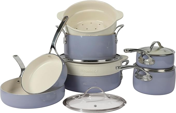 Bloomhouse 12 Piece Aluminum Pots and Pans Cookware Set w/Non-toxic Ceramic Non-stick Ceramic Steamer Insert &amp 12 Protective Care Bags - Periwinkle Blue