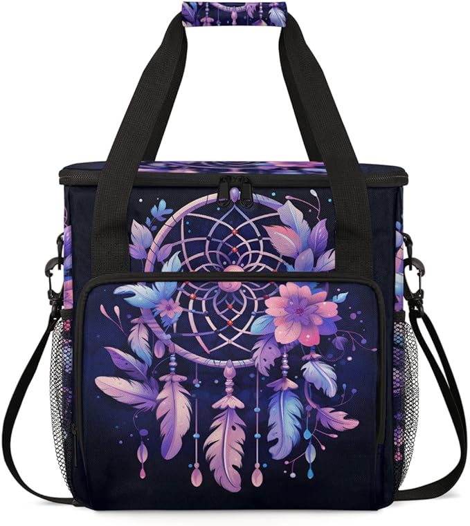 Dream Catcher Coffee Maker Carrying Bag Purple Flowers Travel Storage Bag Compatible with K-Mini or K-Mini Plus Single Serve Coffee Brewer Carrying Case with Multiple Pockets &amp Shoulder Strap