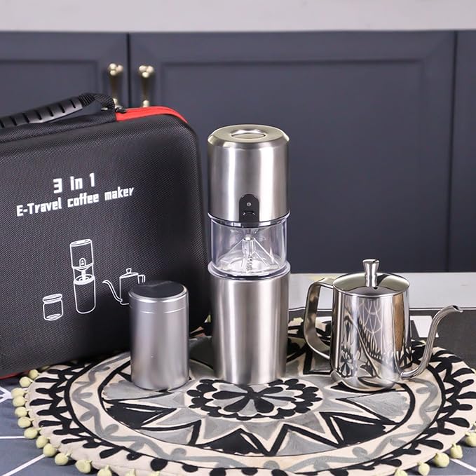 SOTECH 2 in 1 E-grinder Pour Over Coffee Maker Set with Stainless Steel Electric Bean Grinder and Steel kettle Packing Bag