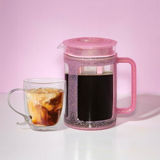 Paris Hilton Cold Brew Coffee Maker Durable 1.6 Quart Borosilicate Glass Carafe with Stainless Steel Filter Glitter Pink 38 oz