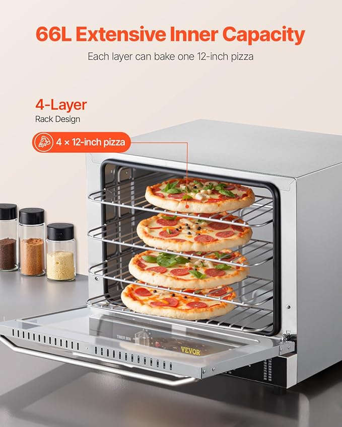 VEVOR Commercial Convection Oven 66L/60Qt Half-Size Conventional Oven Countertop 1800W 4-Tier Toaster w/Front Glass Door w/Trays Wire Racks Clip Gloves 120V