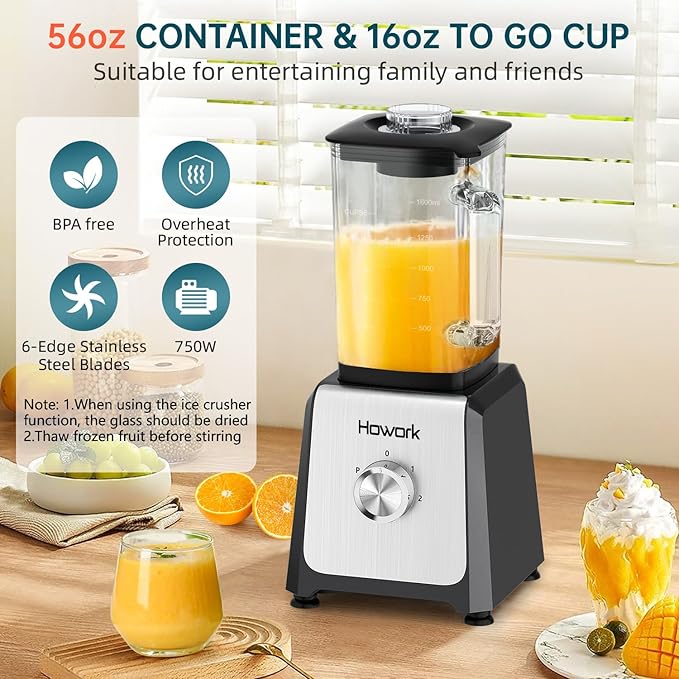 HOWORK Blender for Smoothies 750W Personal Blender 56 Oz Glass Jar 16oz Portable Cups2+P speed 3 Functions for Smoothies Frozen Drinks &amp Ice CreamGrey