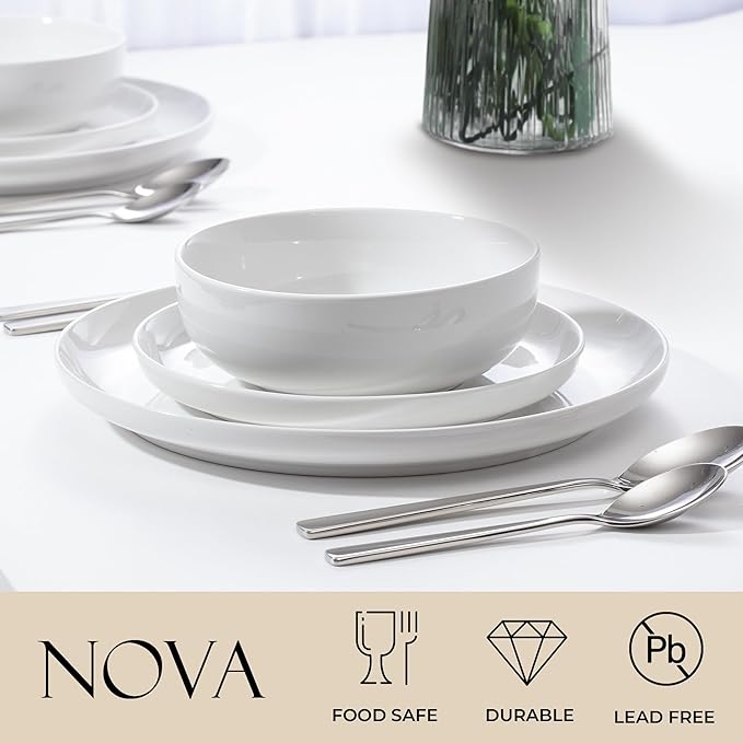 Zulay Kitchen Nova Porcelain Dinnerware Set Service For 6 - Chip &amp Scratch Resistant White Plates And Bowls Sets - Microwave &amp Dishwasher Safe - White