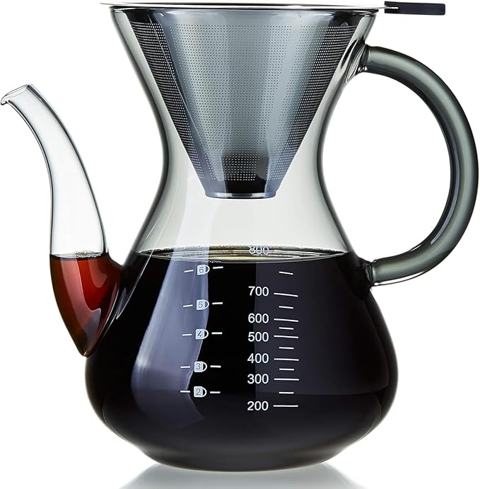Unbreakable - Pour Over Coffee Maker with Double Stainless Filter 27 fl oz Thickened Heat-Resistant Borosilicate Glass Pour Over Coffee Dripper Stovetop Safe