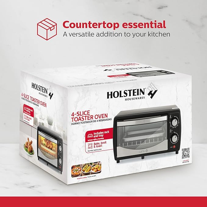 Holstein Housewares 4 Slice Countertop Toaster Oven with 60 Minute Timer Includes Pan and Wire Rack Perfect for Baking Broiling and Toasting Compact Design in Sleek Black for Convenient Kitchen Use