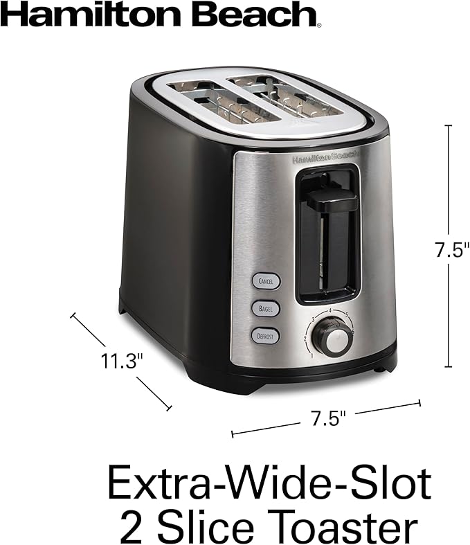 Hamilton Beach 2 Slice Extra Wide Slot Toaster with Bagel &amp Defrost Settings Shade Selector with 7 Browning Levels Toast Boost Auto Shutoff Black &amp Stainless Steel (22633)