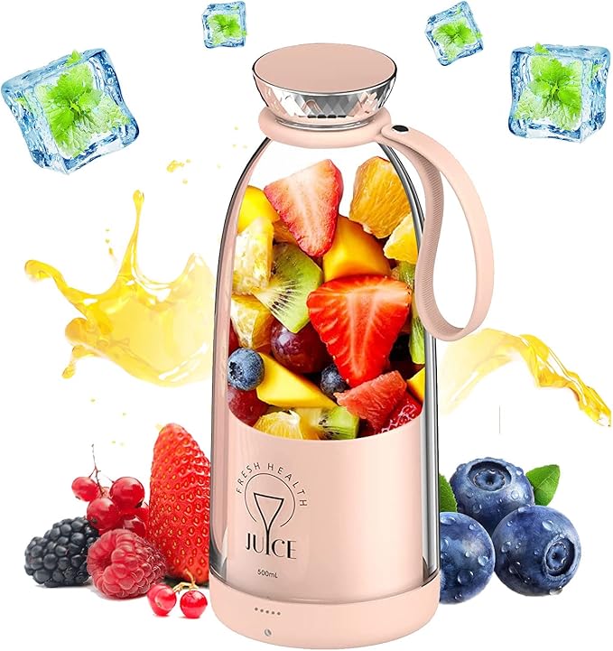 Portable Blender 500ML Personal Blender for Shakes and Smoothies Personal Size Blender Traveling Fruit Veggie Juicer Cup USB Rechargeable with Six Blades for Sports Travel and Outdoors (pink)