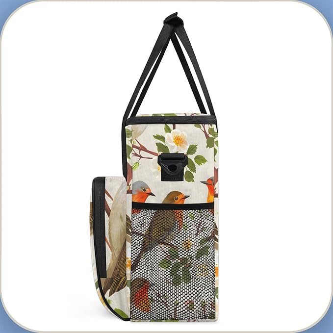 Floral Bird Coffee Maker Carring Bag Large Insulated Storage Organizer Case Tote Bags with Shoulder Strap for Travel Work Picnic