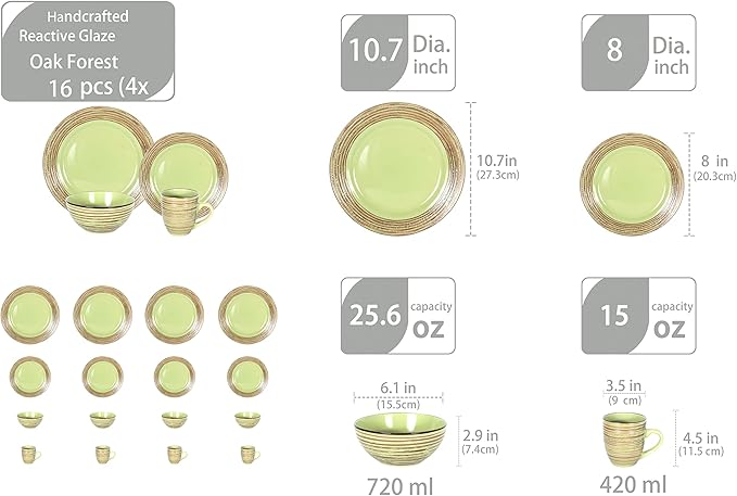16 Piece Dinnerware Set Ceramic Plates and Bowls Sets for 4 Microwave and Dishwasher Safe Handcrafted Tree Bark Series Dish Set Oak Forest/Dark Green