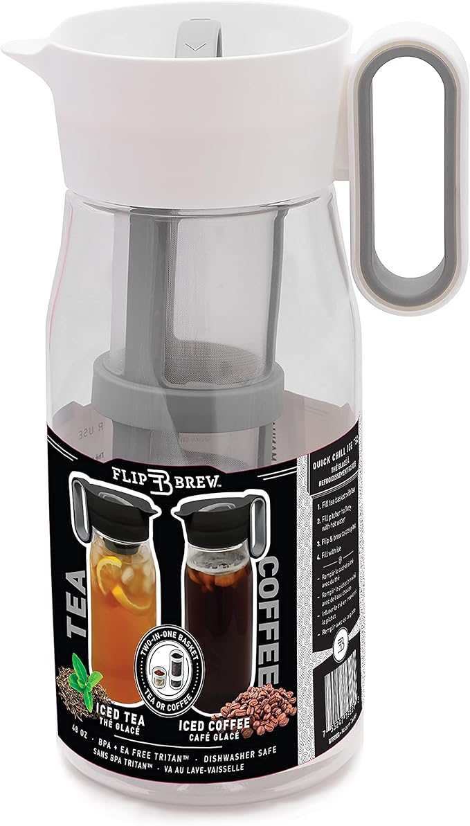 Flip Brew by Zing Anything Instant Iced Tea Maker Cold Brew Coffee Maker Two-in-One Cold Brew Coffee or Tea Maker Multi-Purpose Pitcher Dishwasher Safe BPA/EA Free Tritan 48 oz. White