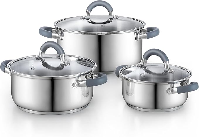 Cook N Home Stainless Steel Pot Set with Glass Lid 6 Pieces Basics Cookware Set with Stay-Cool Silicone Handles 1.5/3/5.5 Quarts Small Cooking Stock Pot Saucier Casserole