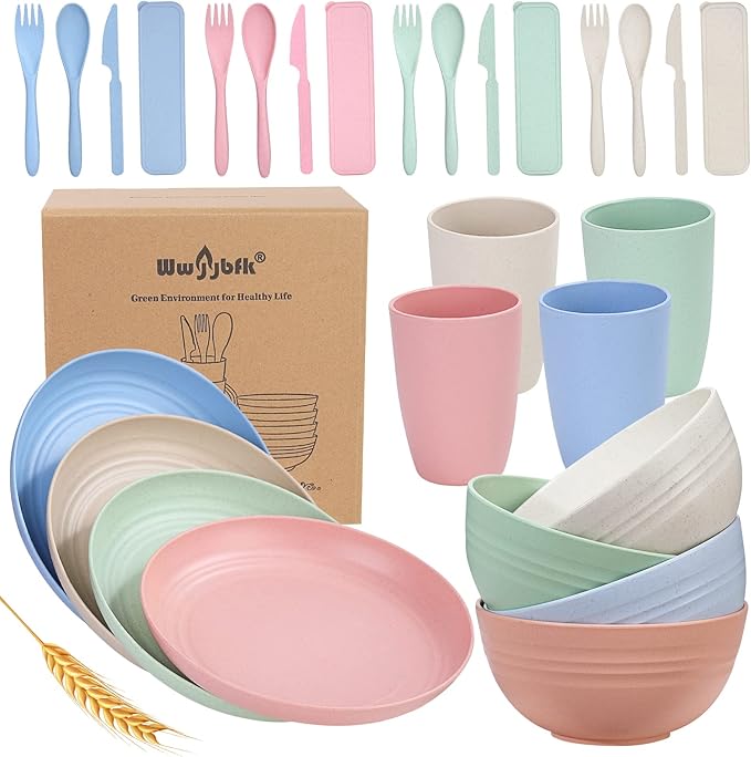 Wheat Straw Dinnerware Sets for 4 Wheat Straw Plates and Bowls Sets Kitchen Dishes 28pcs College Dorm Room Essentials Cutlery Set Microwave Safe (Colorful)