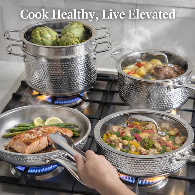 imarku 14-Piece Stainless Steel Cookware Set Tir-Ply Pots and Pans Set with Lids Induction Compatible Oven Safe to 500°F Non-ToxicDishwasher Safe Ideal Gift for Home Cooking Women
