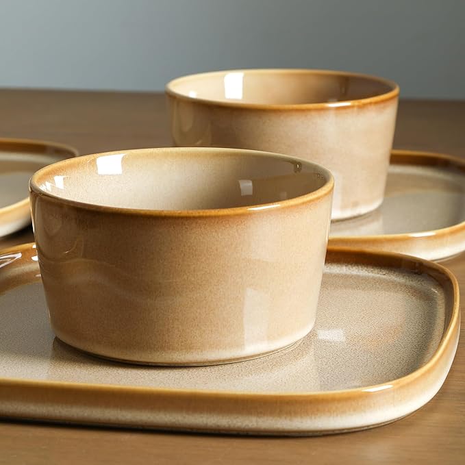 Stone Lain Cairo 24-Piece Dinnerware Set Stoneware Plates and Bowls Set Microwave and Dishwasher Safe Includes Dinner and Salad Plates Cereal Bowls Dishes for 8 Sand