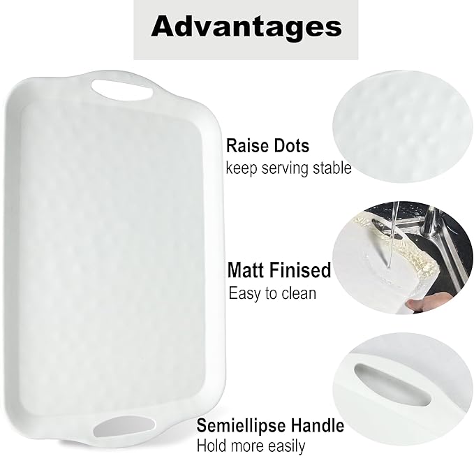 Extra Large Serving Tray with Handles 20x13 inch Set of 2 Melamine Platters for Serving Food Turkey Cookie Rectangular Trays for Eating Raised Dots Matt Finished Dishwasher Safe White