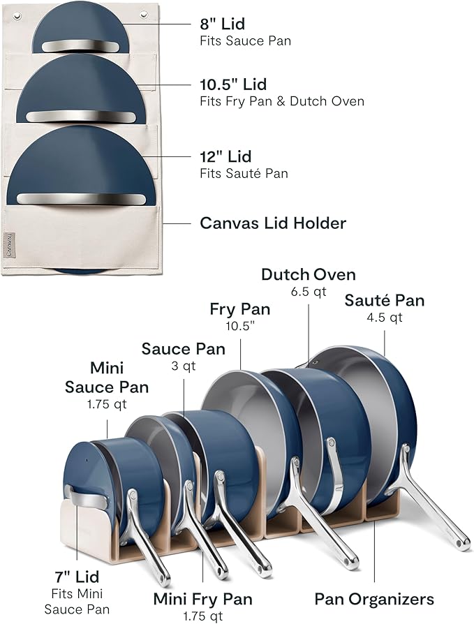 Caraway Deluxe Non-stick Ceramic Cookware Set (16 Piece) Pots Frying Pans Lids and Kitchen Storage - PFAS &amp PFOA Free - Oven Safe Pan Set &amp Compatible with All Stovetops - Navy