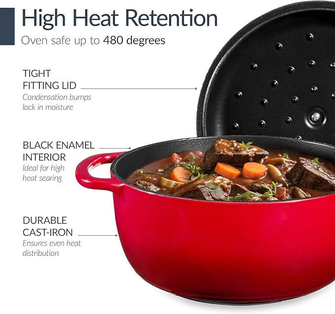 Best Choice Products Non-Stick Pot &amp Pan Cookware Set Cast Iron 2Qt Skillet W/Lid 10 Grill Or Griddle Pan W/Press 6Qt Enameled Dutch Oven Non-toxic For Cooking &amp Grilling - Red