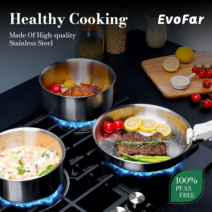 14 pcs Stainless Steel Cookware Set Detachable Pots and Pans Set with Removable Handle Non Toxic Space Saving RV Camping Cookware Set Induction Cookware Dishwasher &amp Oven Safe