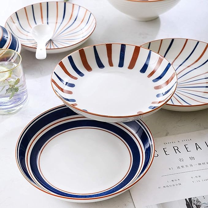 Kitchen Tableware SetCeramics Dinner Sets Retro Annual Ring Porcelain Dinnerware Set of 24 Japanese-Style Cereal Bowl and Steak Plate Set for Family Gathering