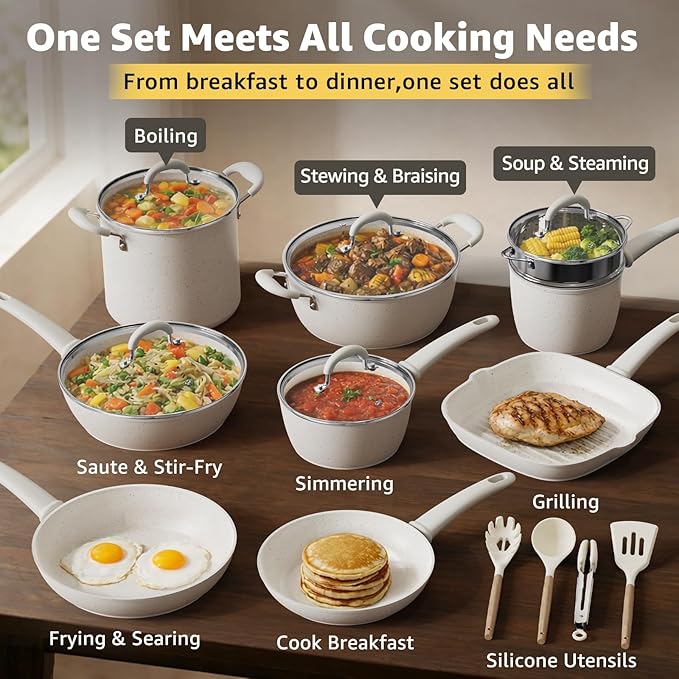 24Pcs Pots and Pans Set Non StickCeramic Cookware Set with 8Qt StockpotTitanium-Reinforced Long-Lasting NonstickPFAS-FreeInduction CompatibleComplete Kitchen Set for Batch Cooking &amp Family Me