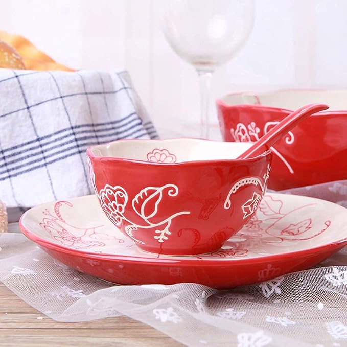 Dishes Dessert Plates 28-Piece Household Plates Set Dishes Set Ceramic Dinnerware Set Red Matte Porcelain Dinner Plate Sets