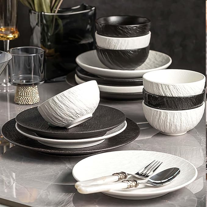 Elegant Black and White Minimalist Matte Ceramic Dinnerware Set Includes Plates Bowls Perfect for Home Dining Modern Tableware for Everyday Use or Gifting Ideal for Housewarming