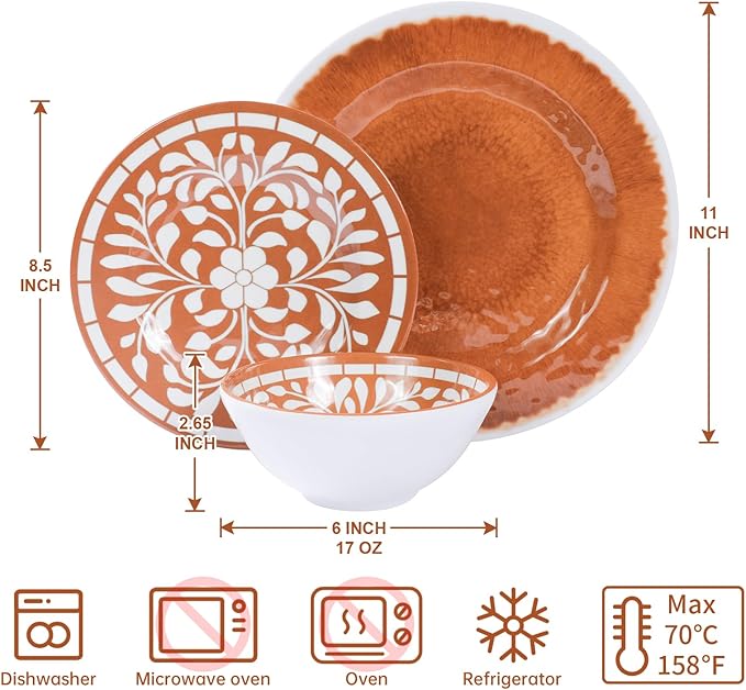 Melamine Plates and Bowls Set 12-Piece Melamine Dinnerware Set Dinner Serving Dishes Set for 4 Unbreakable Brown-Yellow