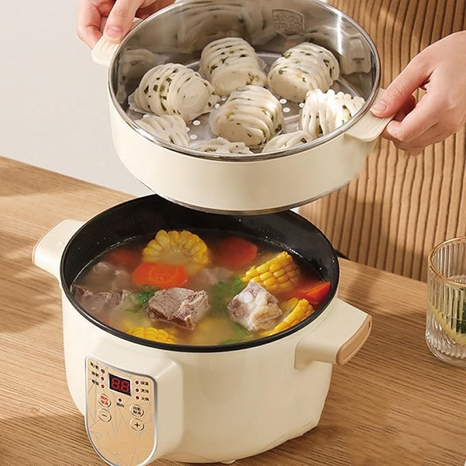 GRFIT Electric Rice Cooker Non-Stick Electric Saute Pot Smart Rice Cooker Soup Pot Cook Noodle Pot 2/3 People Electric Hot Pot (Color : with Steamer White Size : 3L)