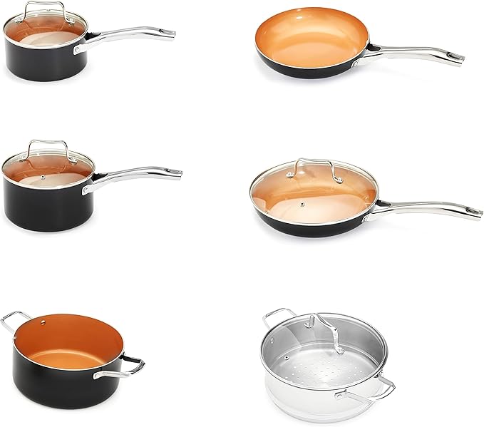Amazon Basics Ceramic Nonstick Cookware Set Induction Ready Dishwasher &amp Oven Safe Even Heating 10-Piece Set with Frying Pans Saucepans Glass Lids Copper Color
