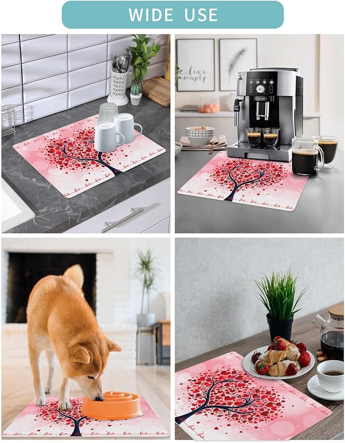 Valentine's Day Coffee Mat Coffee Bar Mat for Countertops Red Love Heart Trees and Branches Absorbent Coffee Maker Mat Rubber Backed Dish Drying Mat for Coffee Espresso Machine Coffee Maker 16x24