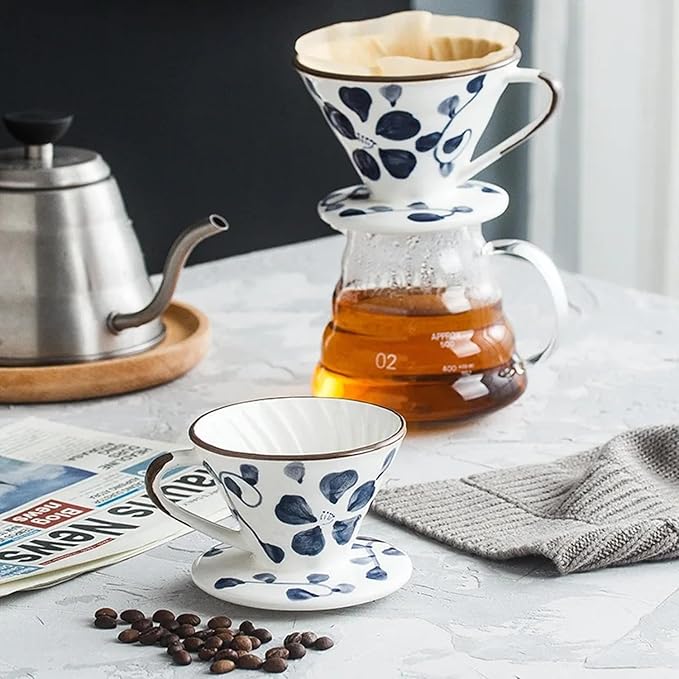 Ceramic Pour Over Coffee Dripper Hand painted Coffee Drip Filter Pour Over Coffee Maker Ceramic Slow Brewing Accessories for Home Cafe Restaurants (V011-2Cups)