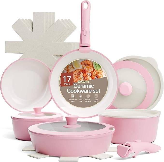 Bakken 17-Piece Ceramic Coated Aluminum Cookware Set Nonstick Pots and Pans with Lids Silicone Cooking Utensils &amp Oven Mitts All Stovetop Safe Up To 500°F PTFE &amp PFAS Free Dishwasher Safe
