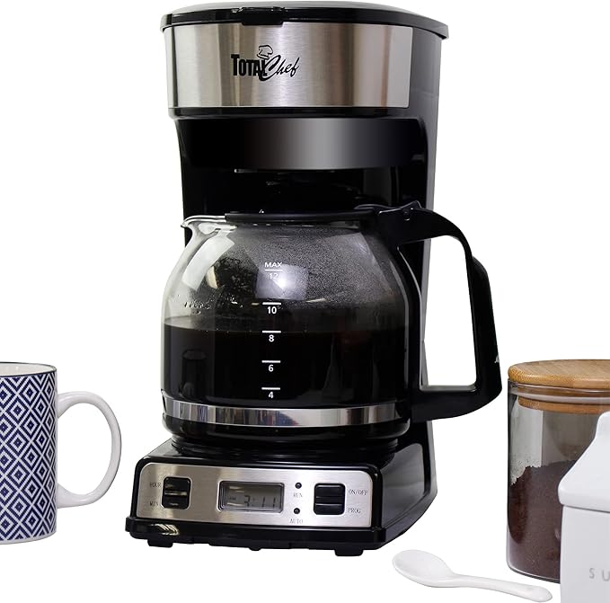 Total Chef Drip Coffee Maker - 12-Cup Programmable Coffee Machine With Glass Pot Pause and Pour Auto Shut-Off Large Water Reservoir Reusable Filter Dishwasher Safe Carafe Percoladora de Café