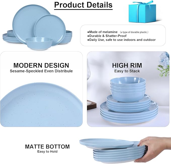Webbylee 12-Piece Melamine Dinnerware Set for 4 – Unbreakable Plates &amp Bowls Lightweight Two-Tone Blue &amp Beige Ideal for Family Meals Camping Picnic Parties