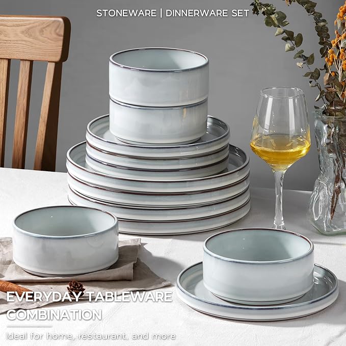 Onader Stoneware Dinnerware Sets 12 Piece Plates and Bowls Dish Sets for 4 Ceramic Dishware Dining Ware with Rustic Terracotta Bottom - Glacier White