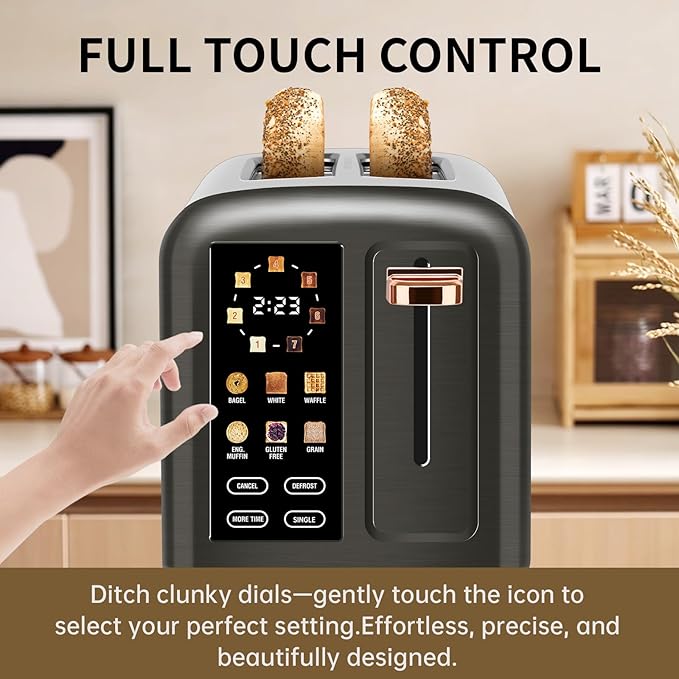 SEEDEEM Toaster 2 Slice Real Touch Screen with LCD Display Single-Slice Function Stainless Steel Toaster 50% Faster Heating 1.5 Wide Slots Removable Crumb Tray 1350W Dark Metallic