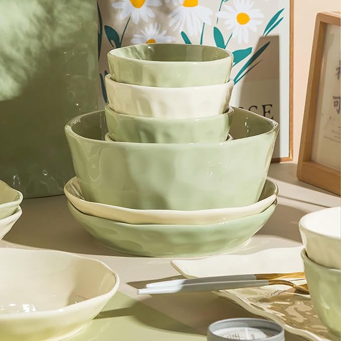 43/57 Pieces Bowls and Plates Set Cream Style Dinner Set Stackable Dishes Sets Dishwasher Safe Dinnerware Sets Easy to Heat Microwave and Oven Safe Two Colors Mix and Match Service for 8/10 Peoples(43