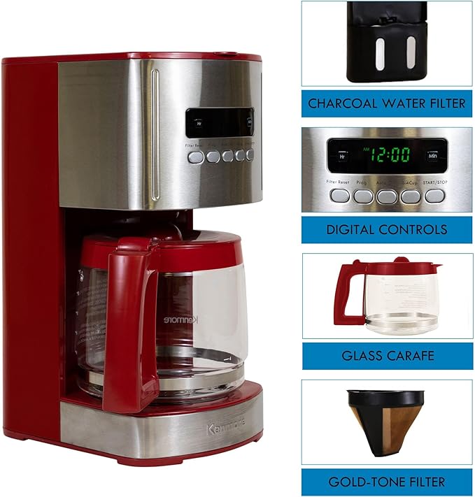 Kenmore Drip Coffee Maker - 12 Cup Programmable Cafe Machine With Glass Pot Regular &amp Bold Brew Auto Shut Off Large Water Reservoir Reusable Filter Kitchen Appliances For Cafeteria Barista Re