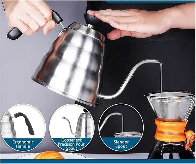 Silvery Gooseneck Coffee Maker Multi-purpose Kettle With Thermometer For Precise Pour-over Tea Brewing And Hot Water(1000ml with TEMP)