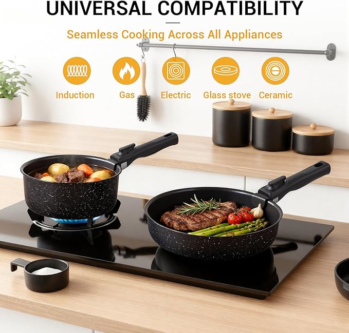 Ammeloo 21 Pcs Pots and Pans Set Non Stick with Detachable Handle &amp Grill Pan Induction Ceramic Cookware Set Non Toxic Kitchen Pots and Pans Set for RVsCamping Oven/Dishwasher Safe Black