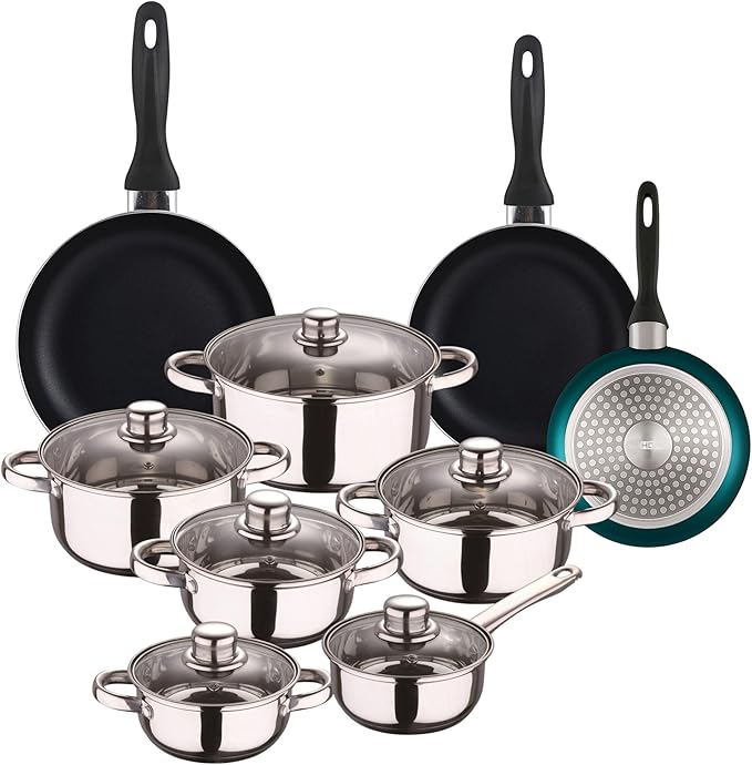 Well Home Cookware Set 12 Pieces Stainless Steel + 3 Pans Diameter 16 x 20 x 24 cm Blue Metallic Pressed Aluminium
