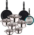 Well Home Cookware Set 12 Pieces Stainless Steel + 3 Pans Diameter 16 x 20 x 24 cm Blue Metallic Pressed Aluminium