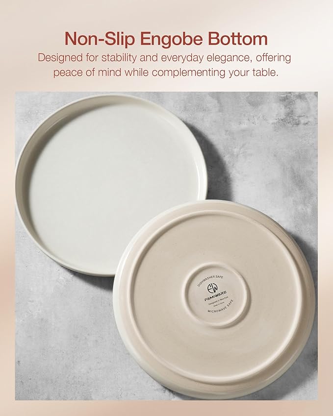 Famiware Milkyway Stoneware Dinnerware Sets with Pasta Bowls Service for 6 (24 Pieces) Reactive Glaze Plates and Bowls Sets Microwave and Dishwasher Safe Dishes Set Matte Beige White