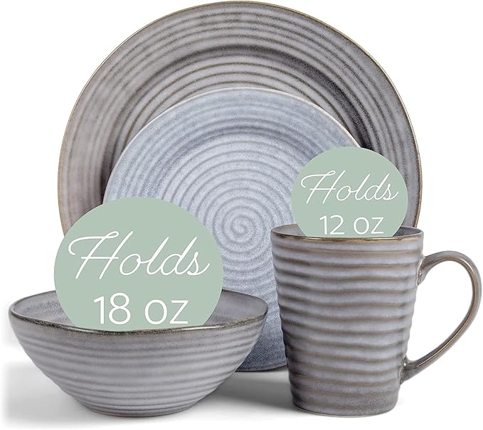 Elanze Designs Charming Chic Ribbed Modern Thrown Pottery Look Ceramic Stoneware Plate Platter Mug &amp Bowl Kitchen Dish Dinnerware 16 Piece Set - Service for 4 Slate Grey