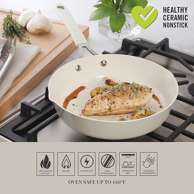 Martha Stewart Heathland 9.5 Inch Aluminum Cookware Non-Toxic Premium Ceramic Non Stick Frying Pan Kitchen Egg Pan Omelet Pots and Pans Linen White Induction Safe