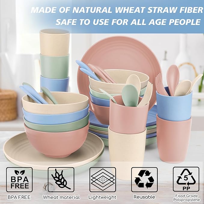 shopwithgreen Wheat Straw Dinnerware Sets for 8 40 PCS Unbreakable Plates and Bowls Sets Reusable Dinner Dishes Set Bowls CupsPlates for Camping Kitchen RV DormDishwasher Microwave Safe