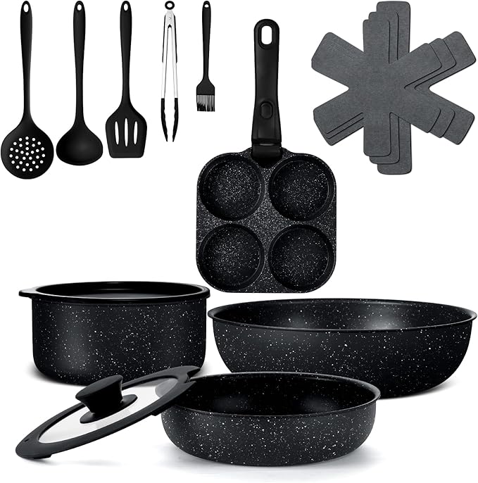 Vesteel 12Pcs Pots and Pans Set Nonstick Cookware Set with Detachable Handle and Egg Frying Pan Stackable RV Kitchen Cooking Utensils Set Black